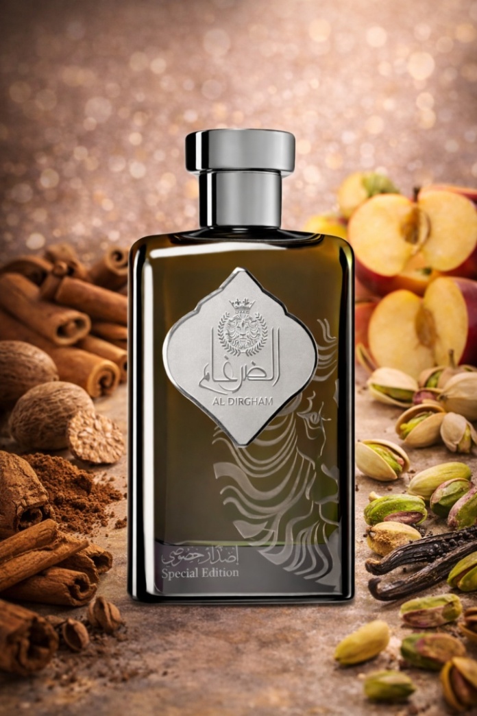 3. Widok flakonu Al Dirgham Limited Edition – męski zapach o nutach pistacji i cynamonu.